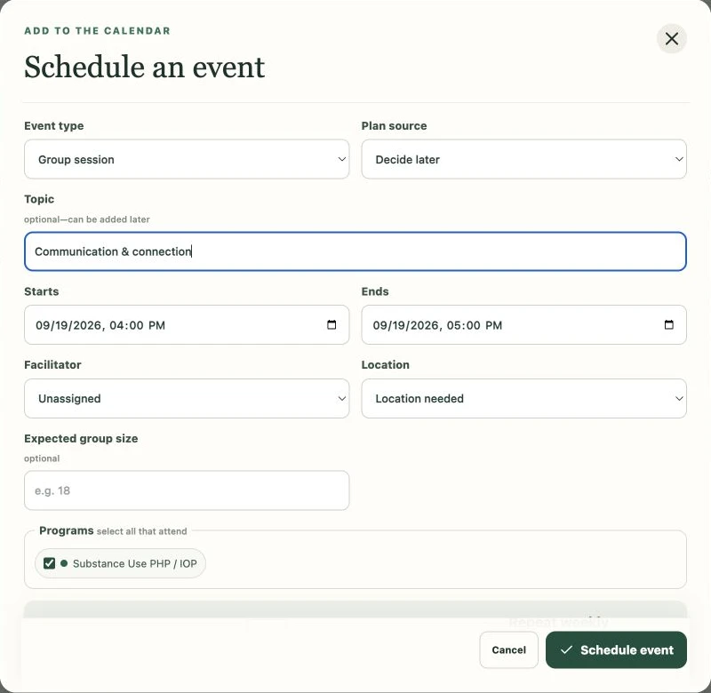 Actual Clinical Calendar event editor with topic, time, facilitator, location, and program fields