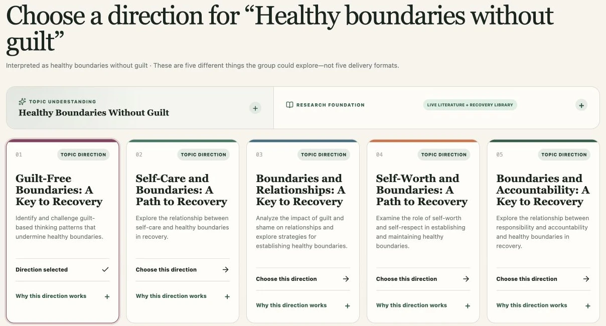 Actual topic results for Healthy boundaries without guilt, showing five different directions and the research foundation