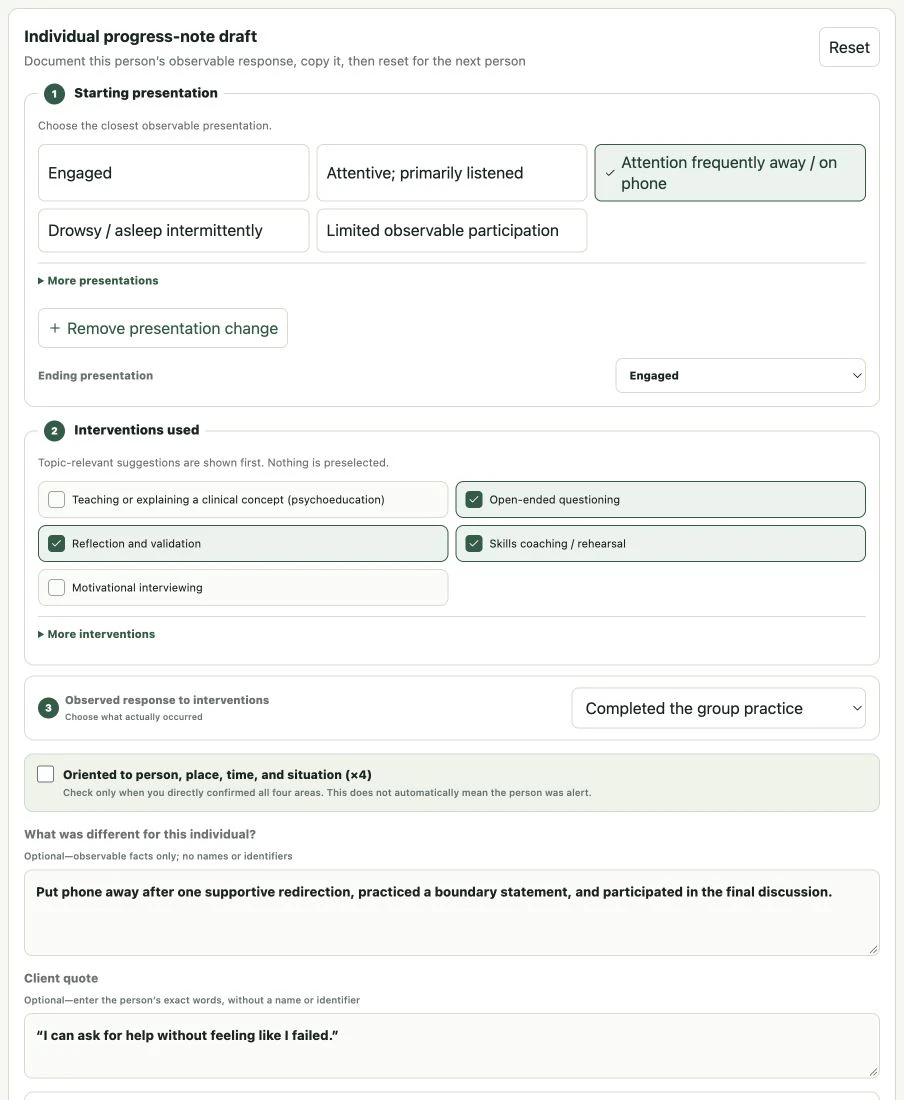 Actual individual-note builder showing starting and ending presentation, multiple selected interventions, more intervention options, and a custom intervention field