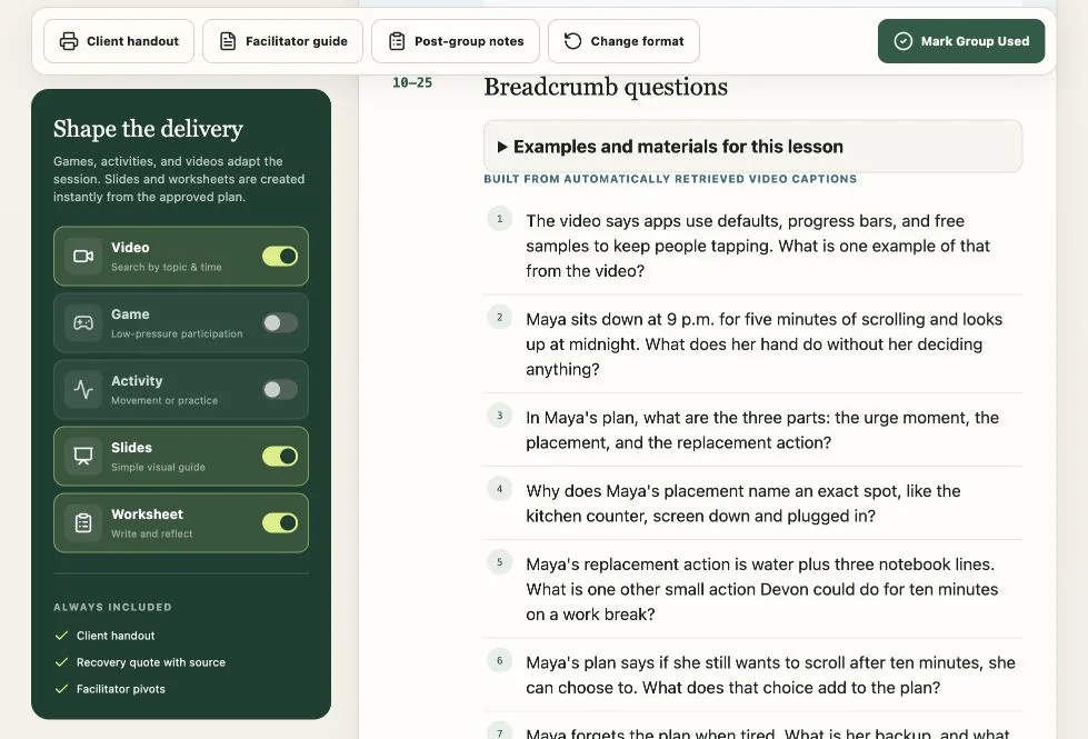 Actual transcript-grounded session workspace with delivery controls and progressive breadcrumb questions about interrupting an infinite-scroll loop