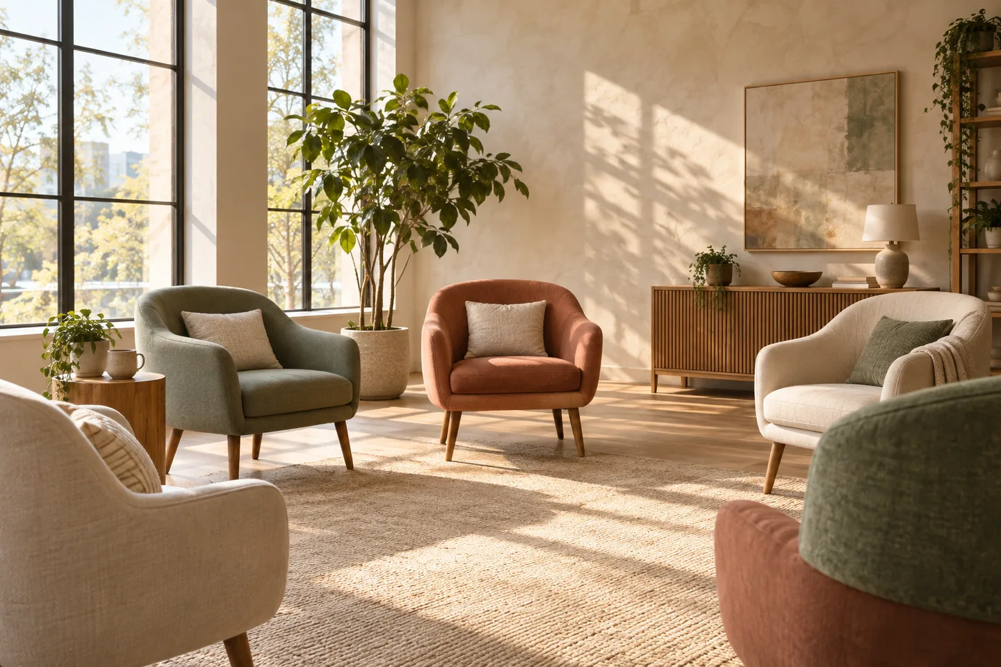 A bright, welcoming room with chairs arranged for a group conversation